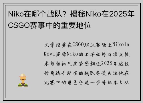 Niko在哪个战队？揭秘Niko在2025年CSGO赛事中的重要地位